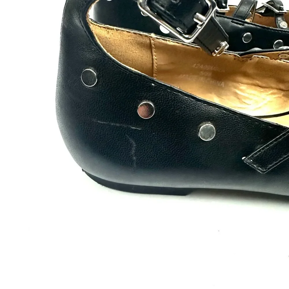 Topshop Women's Black Silver Studded Pointy Toe Strappy Flats Sz 5/38